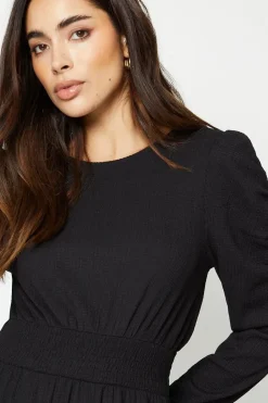 Shirred Waist Long Sleeve Midi Dress
