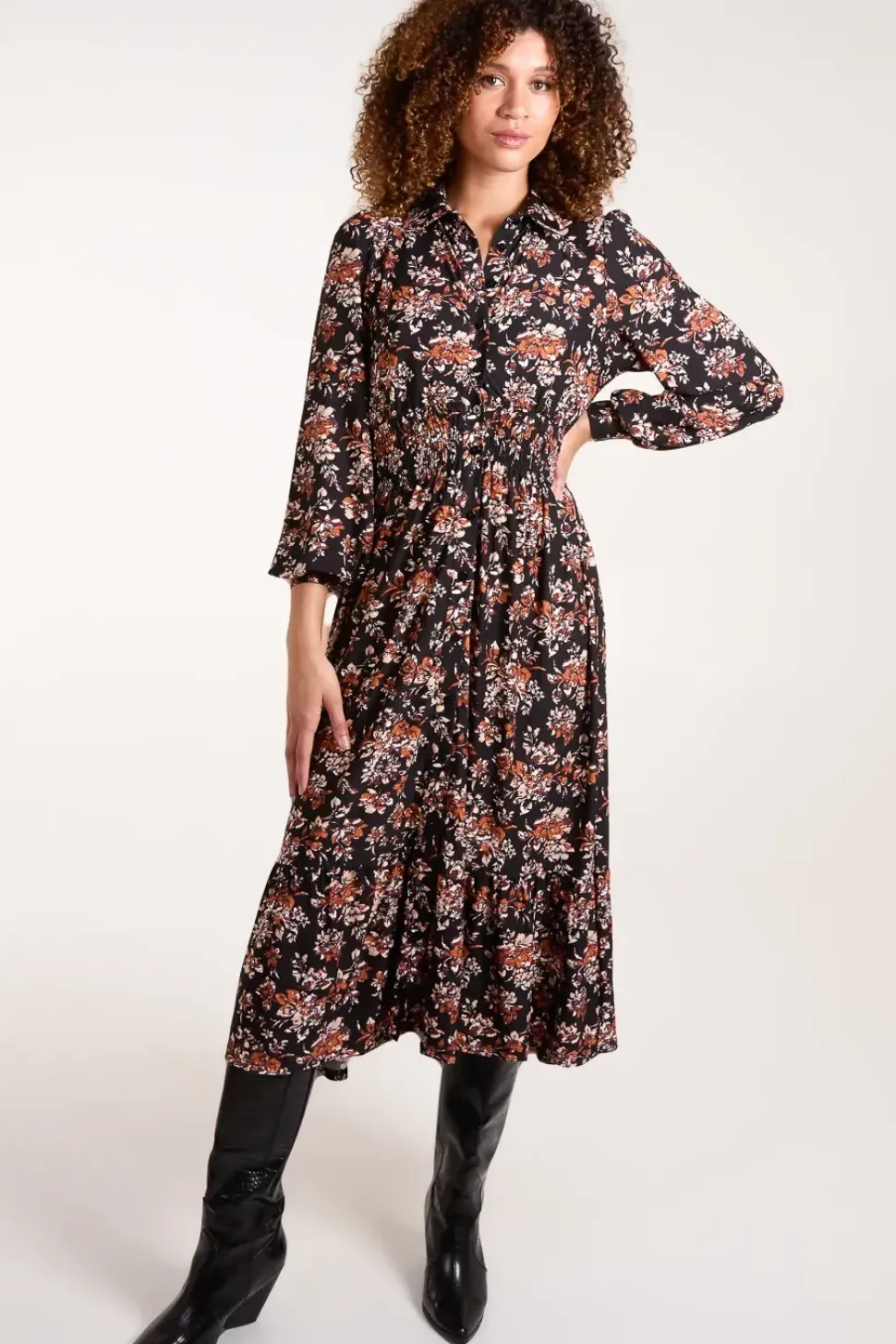 Shirred Waist Midi Shirt Dress