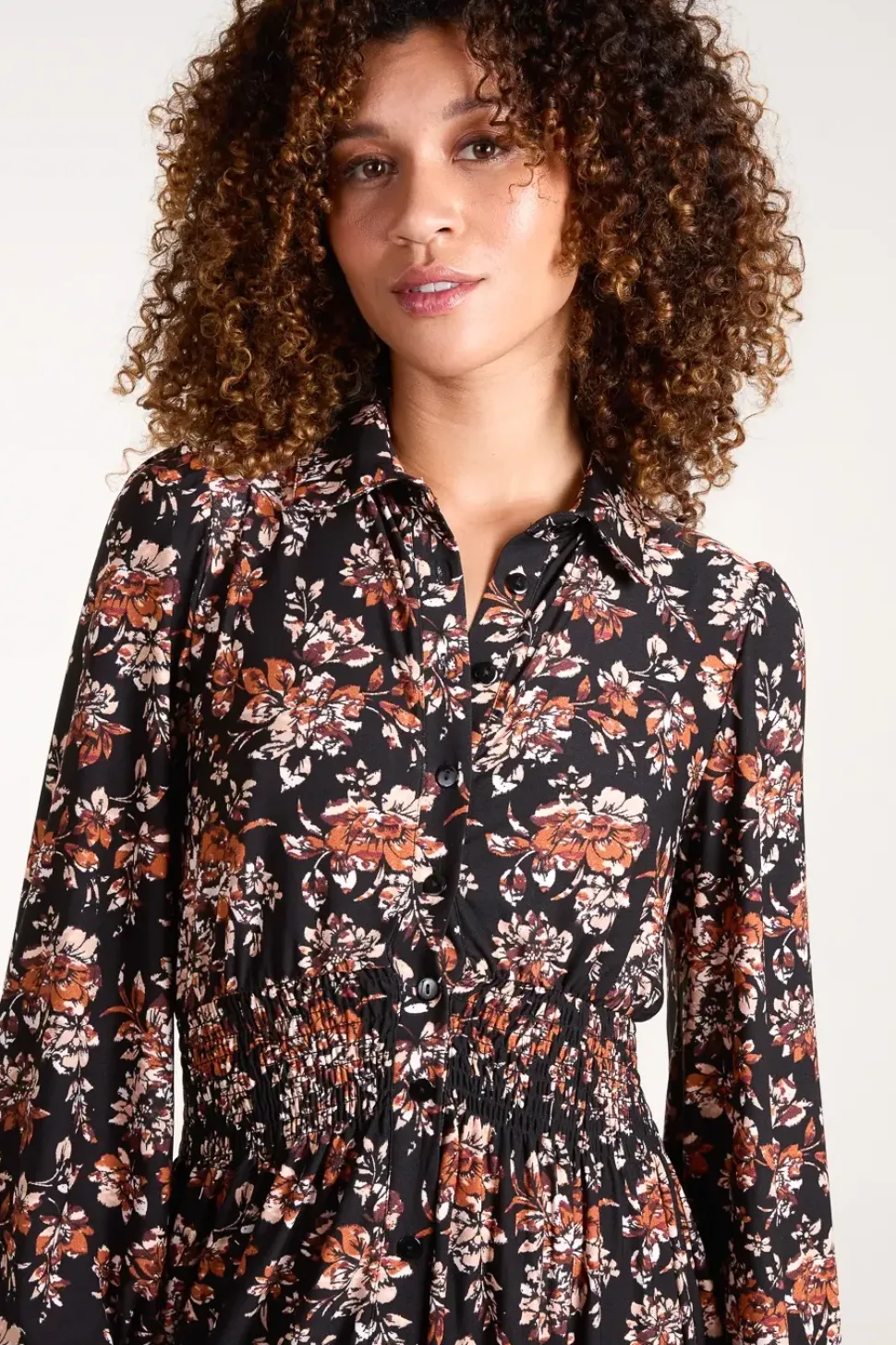 Shirred Waist Midi Shirt Dress