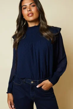 Shirred Yoke Dobby Chiffon Long Sleeve Blouse