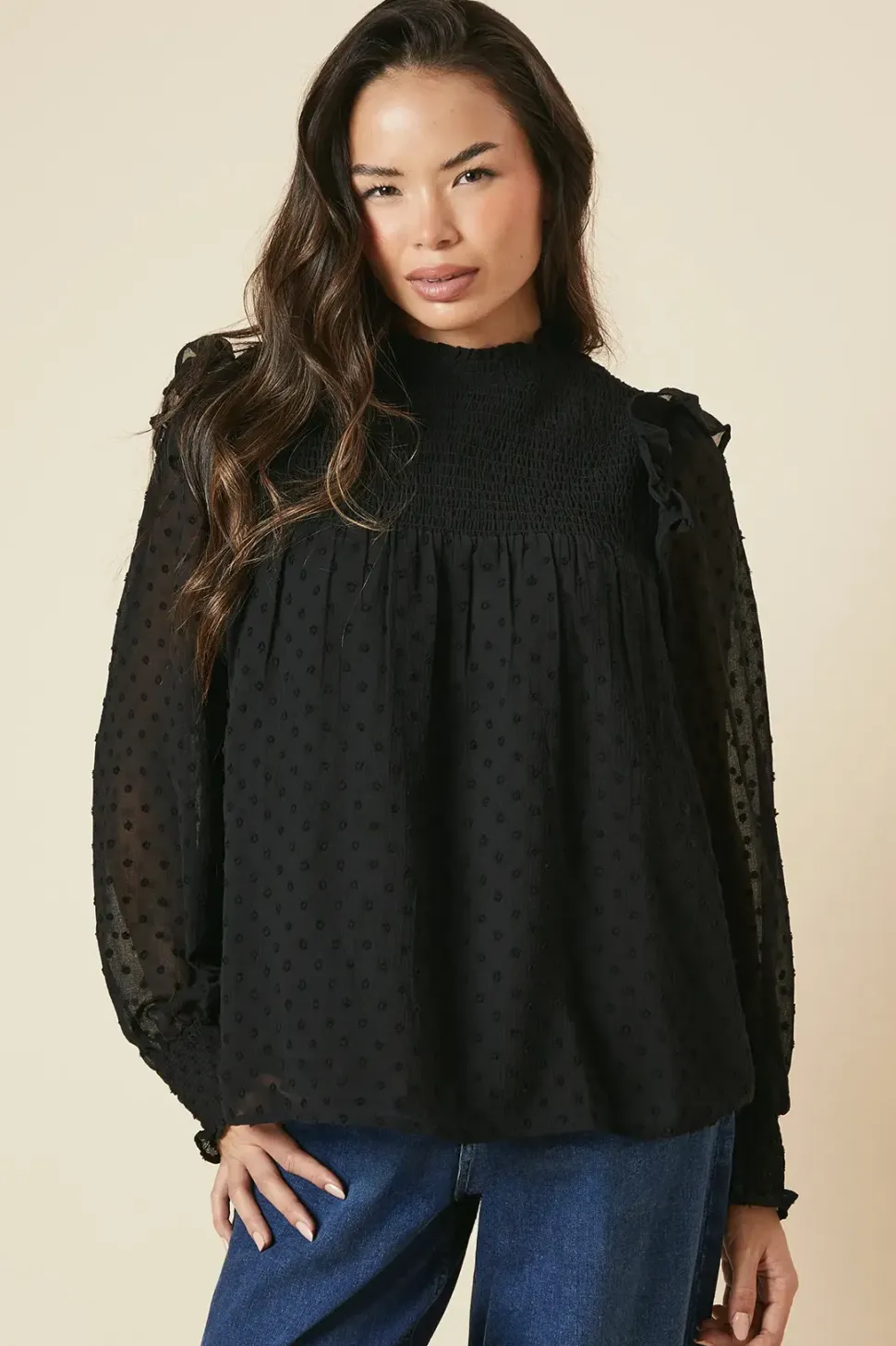 Shirred Yoke Dobby Chiffon Long Sleeve Blouse