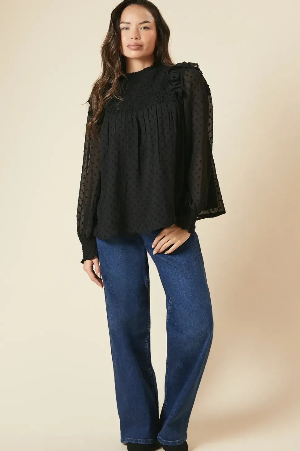 Shirred Yoke Dobby Chiffon Long Sleeve Blouse