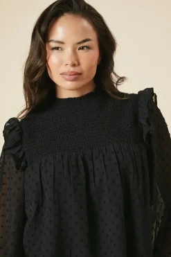Shirred Yoke Dobby Chiffon Long Sleeve Blouse