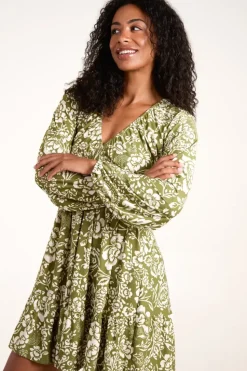 Shirring Elastic Sleeve Tier Mini Dress