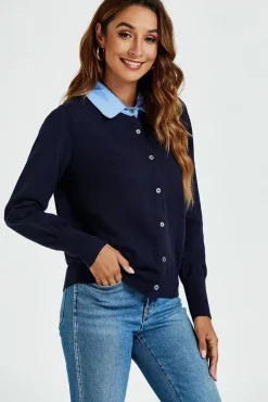 Shirt Collar Knitted Cardigan In Navy