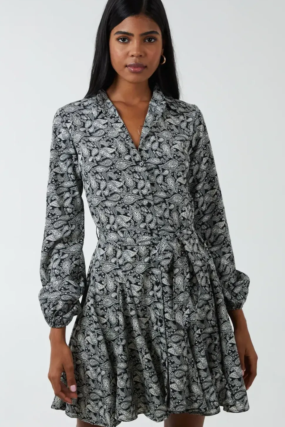 Shirt Mini Dress With Godet Hem & Tie
