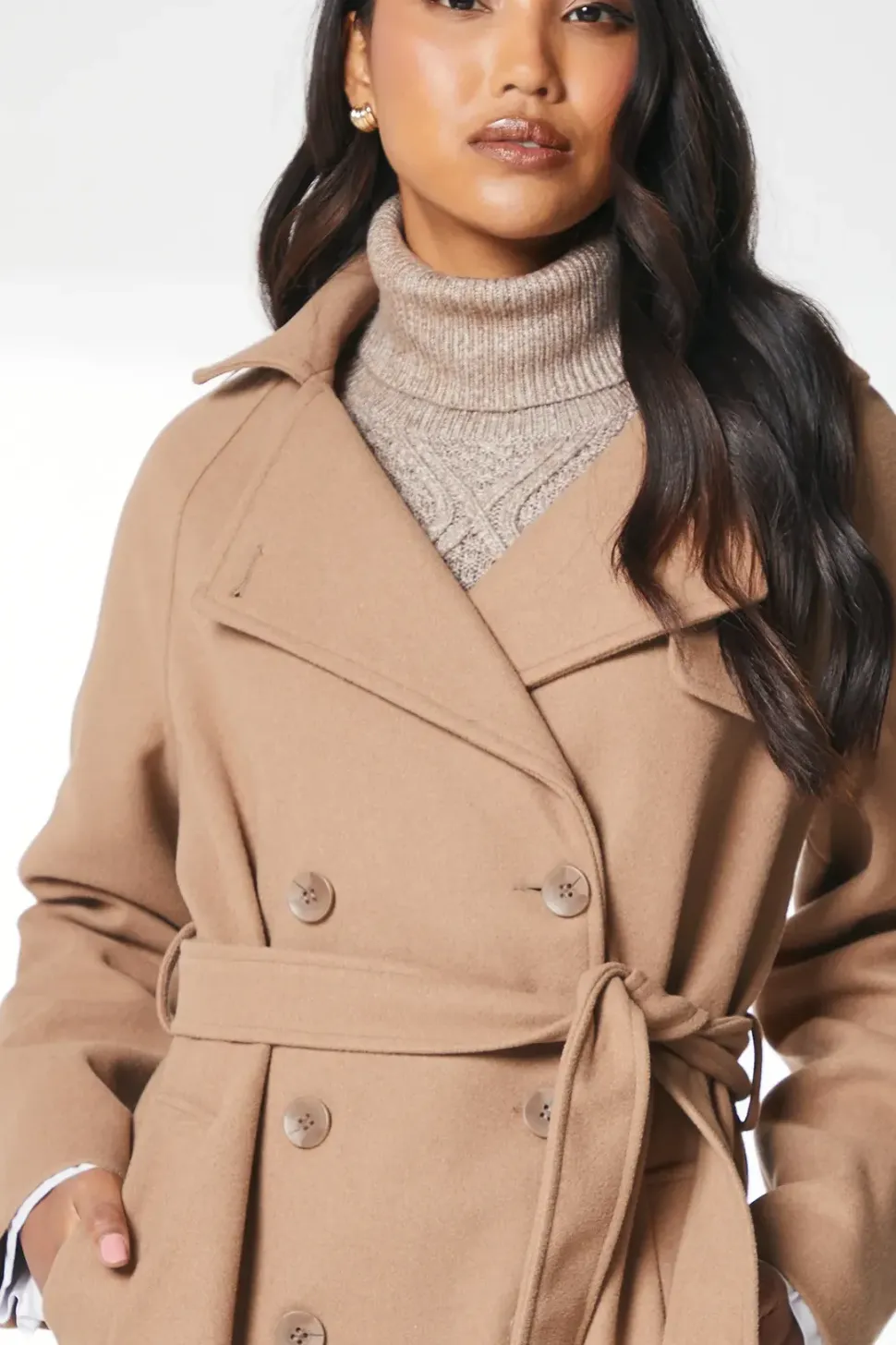 Short Belted Trench Wool Double Breasted Coat