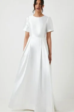 Short Sleeve Bow Back Twill Wedding Dress