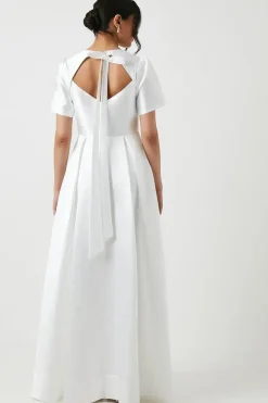 Short Sleeve Bow Back Twill Wedding Dress