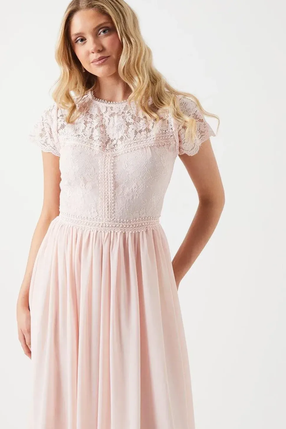 Short Sleeve Eyelash Bodice Bridesmaid Dress