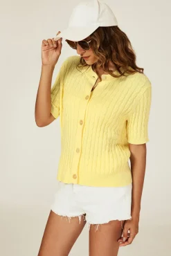 Short Sleeve Knitted Cardigan In Yellow