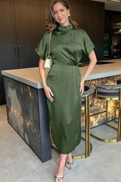 Short Sleeve Satin Wrap Skirt Midi Dress