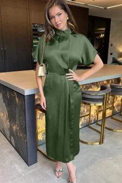 Short Sleeve Satin Wrap Skirt Midi Dress