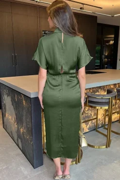 Short Sleeve Satin Wrap Skirt Midi Dress