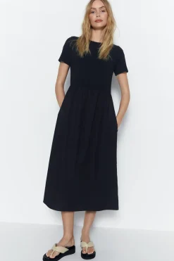 Short Sleeve Woven Mix Midi Dress