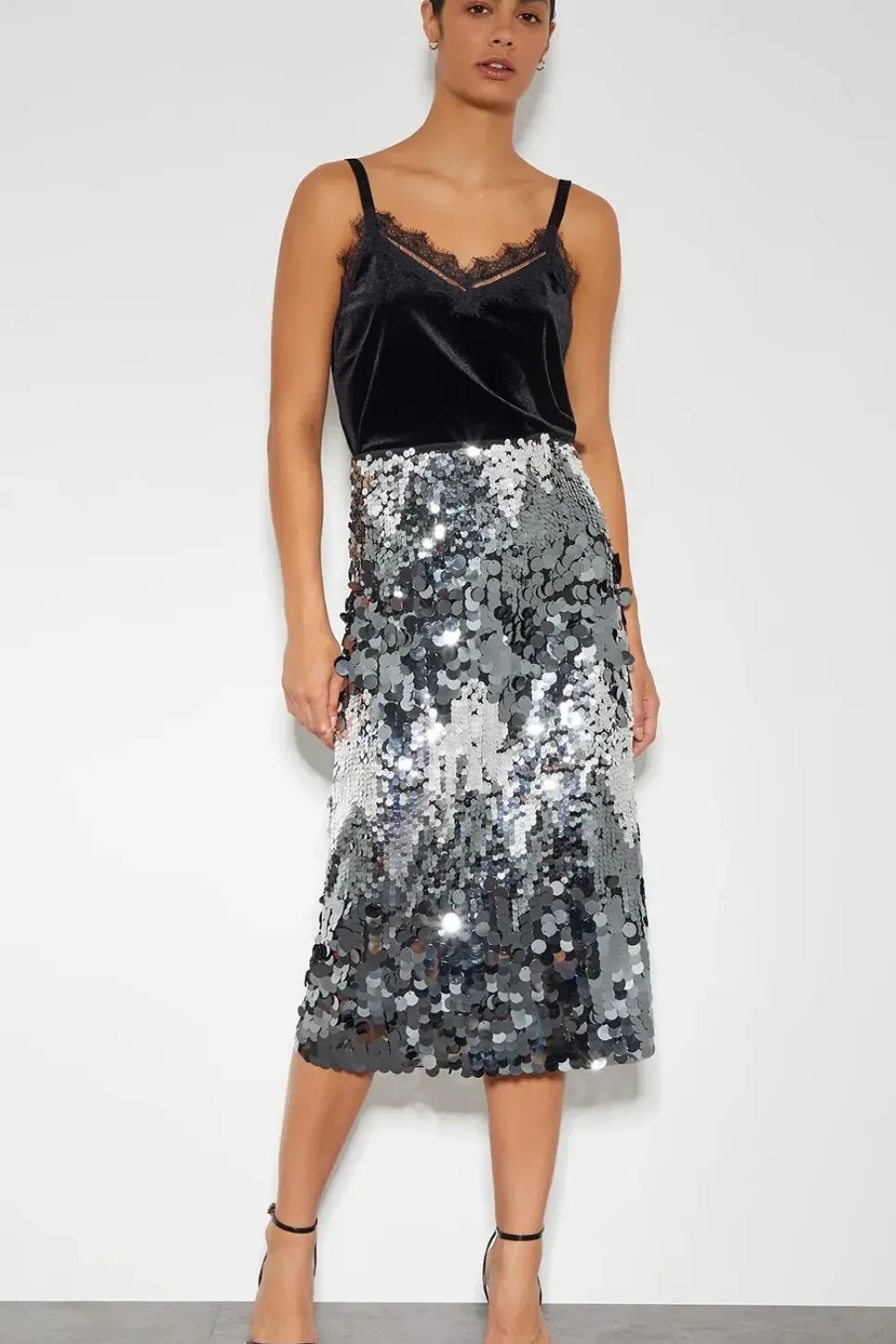 Sia Sequin Midi Skirt Silver