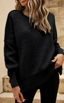 Side Slit Relaxed Knit Jumper Top In Black