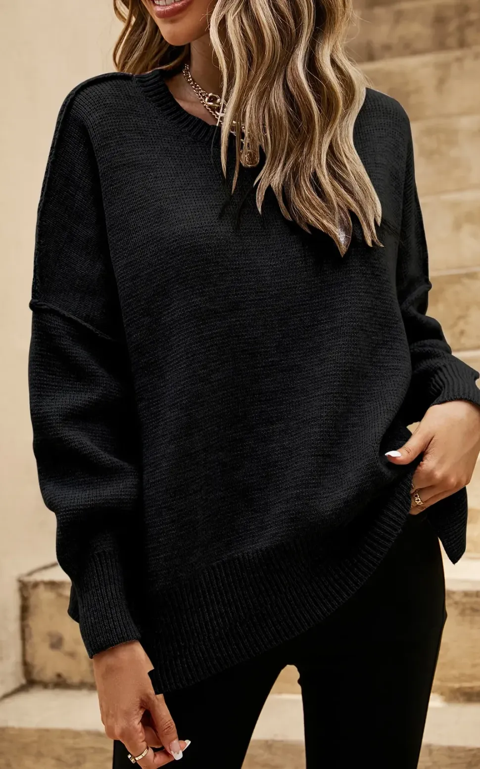 Side Slit Relaxed Knit Jumper Top In Black