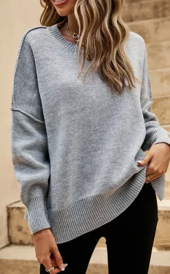 Side Slit Relaxed Knit Jumper Top In Grey