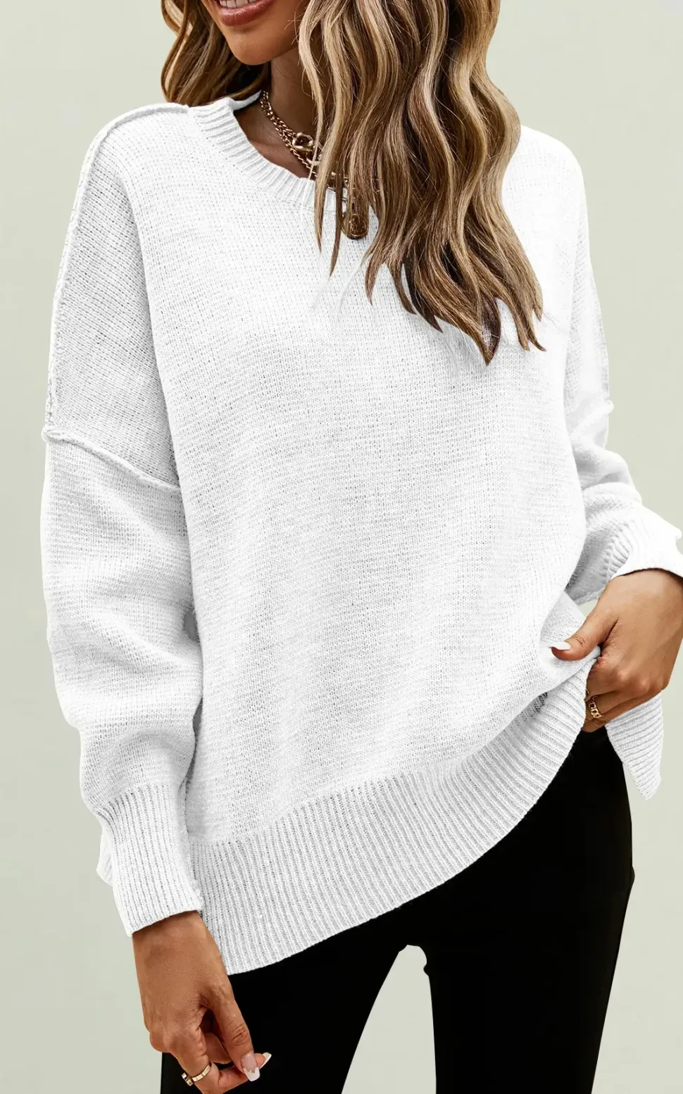 Side Slit Relaxed Knit Jumper Top In White