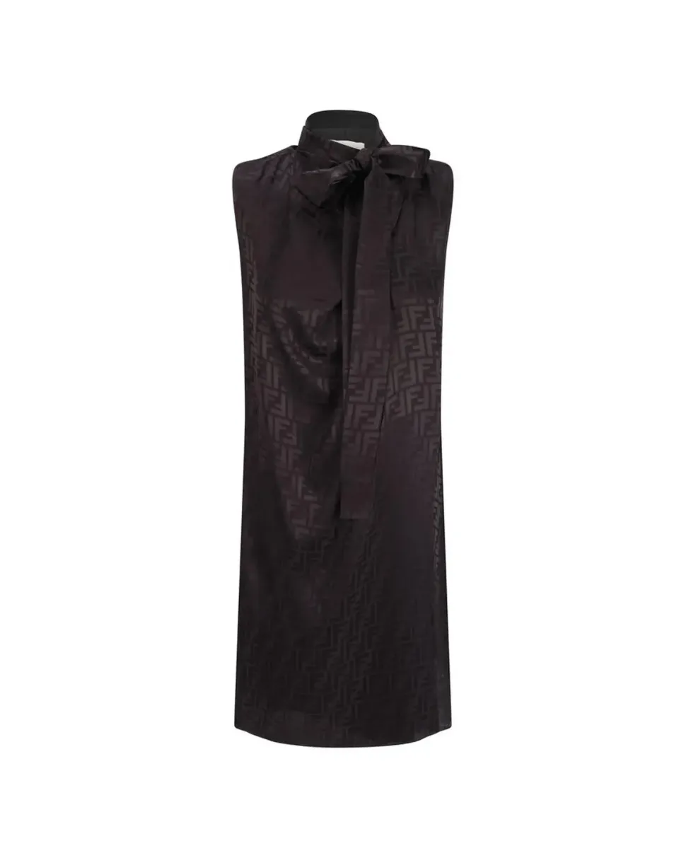 Silk Sleeveless Midi Dress with Ribbon and Monogram Detailing