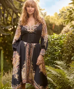 Silky Border Print Handkerchief Hem V-Neck Maxi Dress