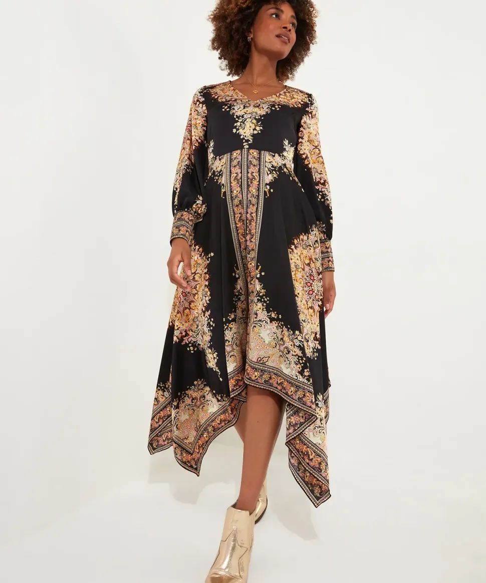 Silky Border Print Handkerchief Hem V-Neck Maxi Dress