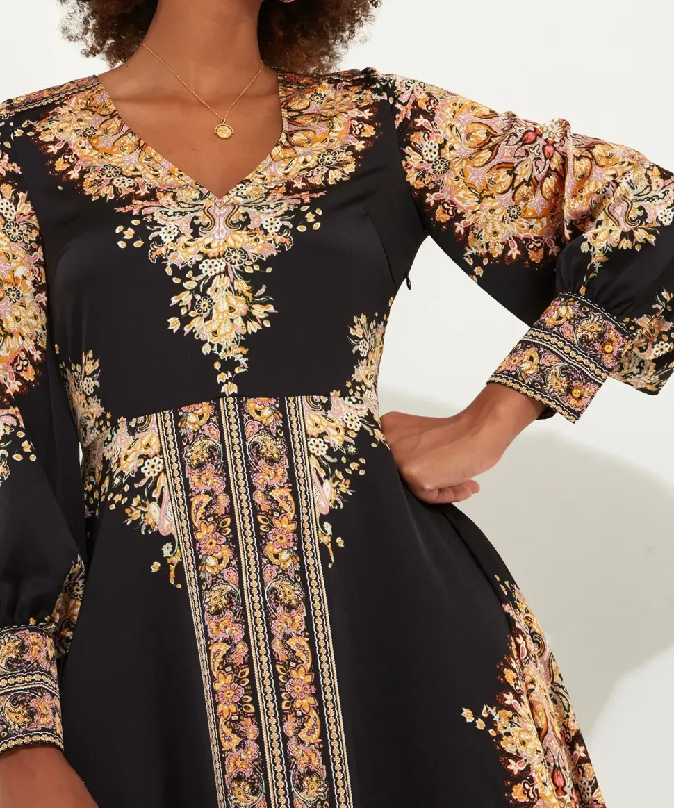 Silky Border Print Handkerchief Hem V-Neck Maxi Dress