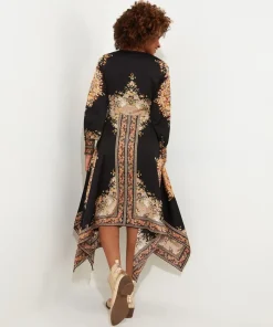 Silky Border Print Handkerchief Hem V-Neck Maxi Dress