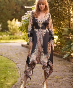 Silky Border Print Handkerchief Hem V-Neck Maxi Dress