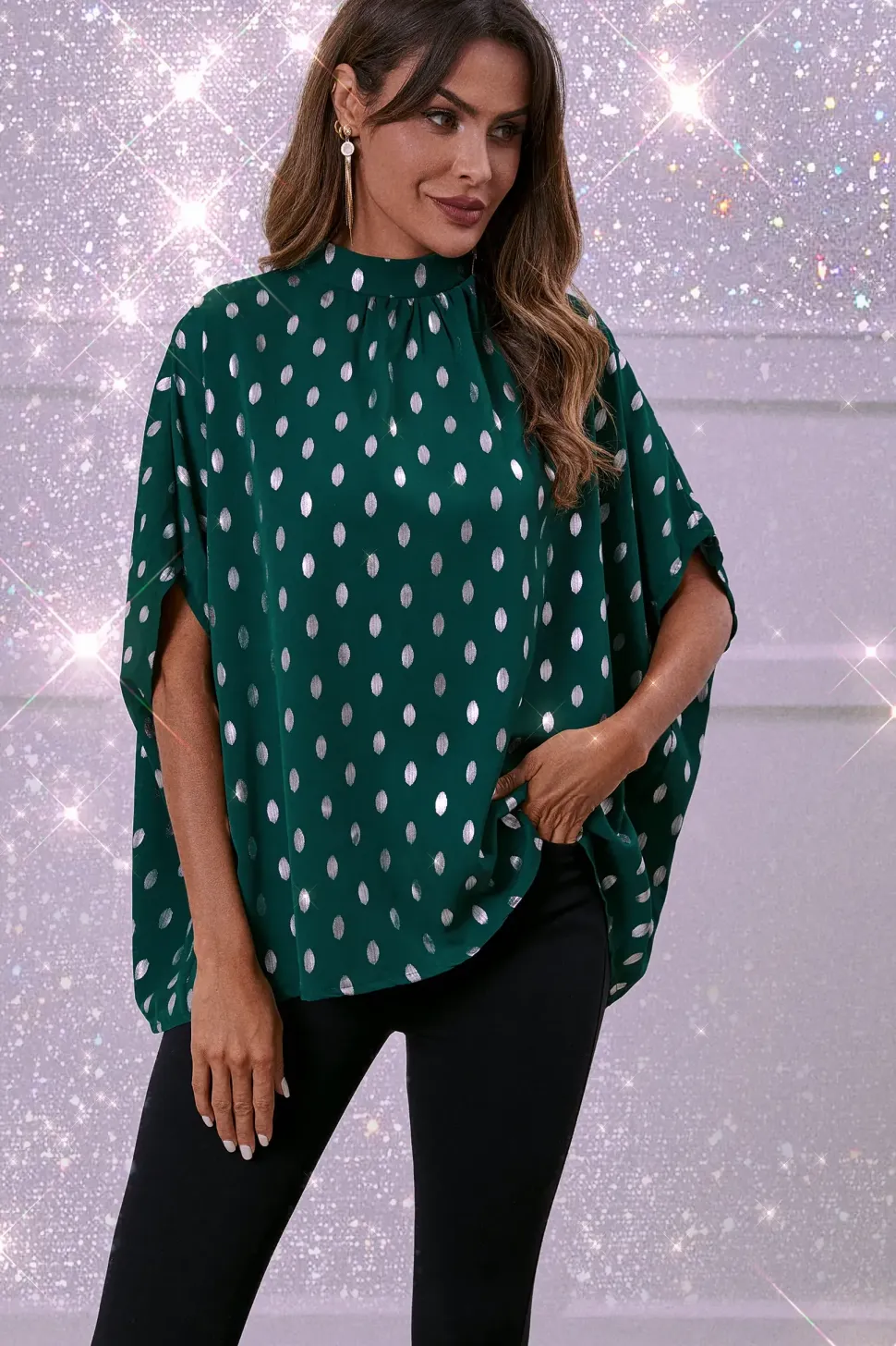 Silver Foil Loose-Fit Top In Green