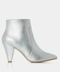 Silver Metallic Leather Heeled Ankle Boots