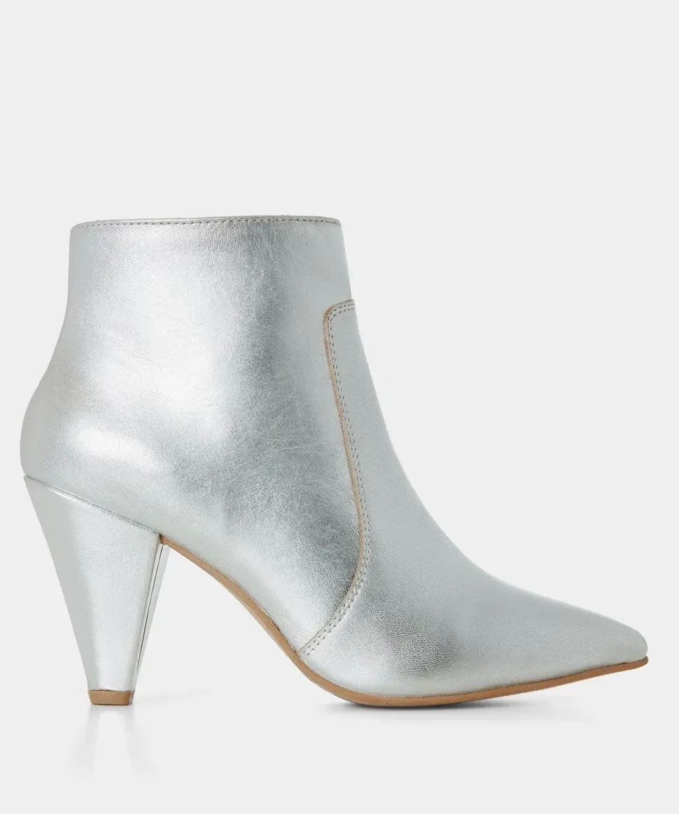Silver Metallic Leather Heeled Ankle Boots