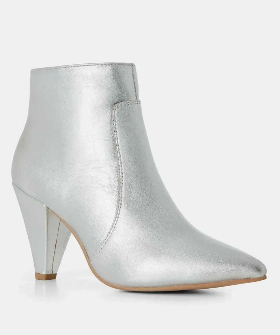 Silver Metallic Leather Heeled Ankle Boots