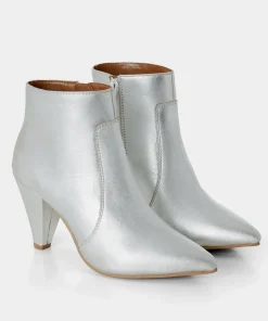Silver Metallic Leather Heeled Ankle Boots