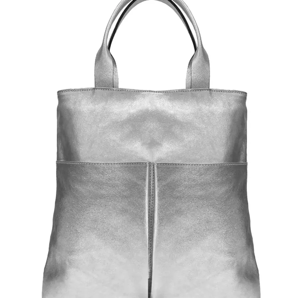 Silver Pocket Metallic Leather Tote | BDIDR