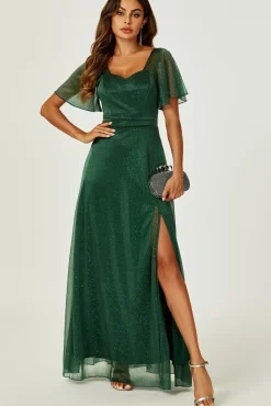 Silver Sparkly Empire Waist Bridesmaid Maxi Dress In Green