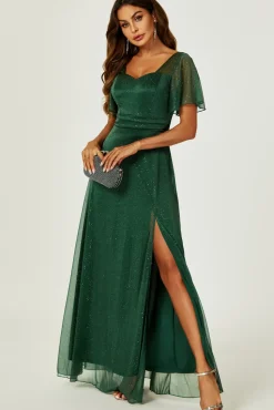 Silver Sparkly Empire Waist Bridesmaid Maxi Dress In Green