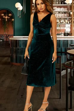 Silver Sparkly Velvet Knot Front Midi Dress In Green
