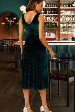 Silver Sparkly Velvet Knot Front Midi Dress In Green