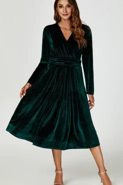 Silver Sparkly Velvet Wrap Top Midi Dress In Green