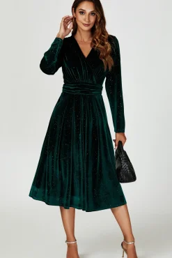 Silver Sparkly Velvet Wrap Top Midi Dress In Green