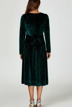 Silver Sparkly Velvet Wrap Top Midi Dress In Green