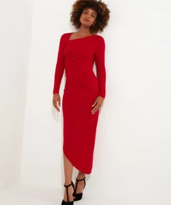 Simple Long-Sleeved Bodycon Dress with Asymmetric Neck and Hem
