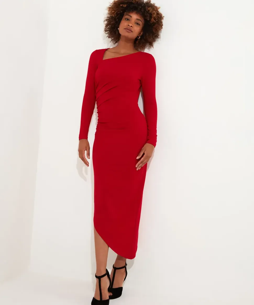 Simple Long-Sleeved Bodycon Dress with Asymmetric Neck and Hem