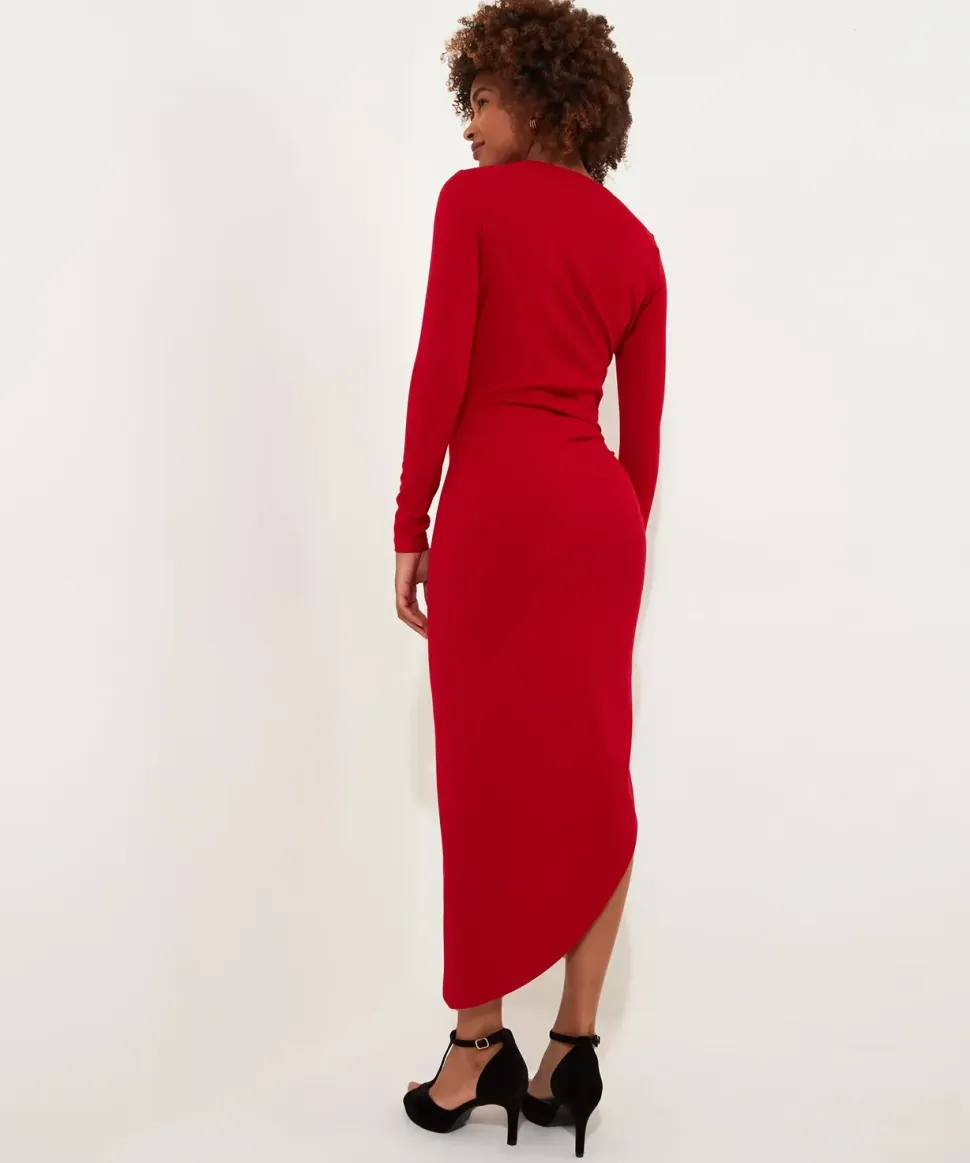 Simple Long-Sleeved Bodycon Dress with Asymmetric Neck and Hem