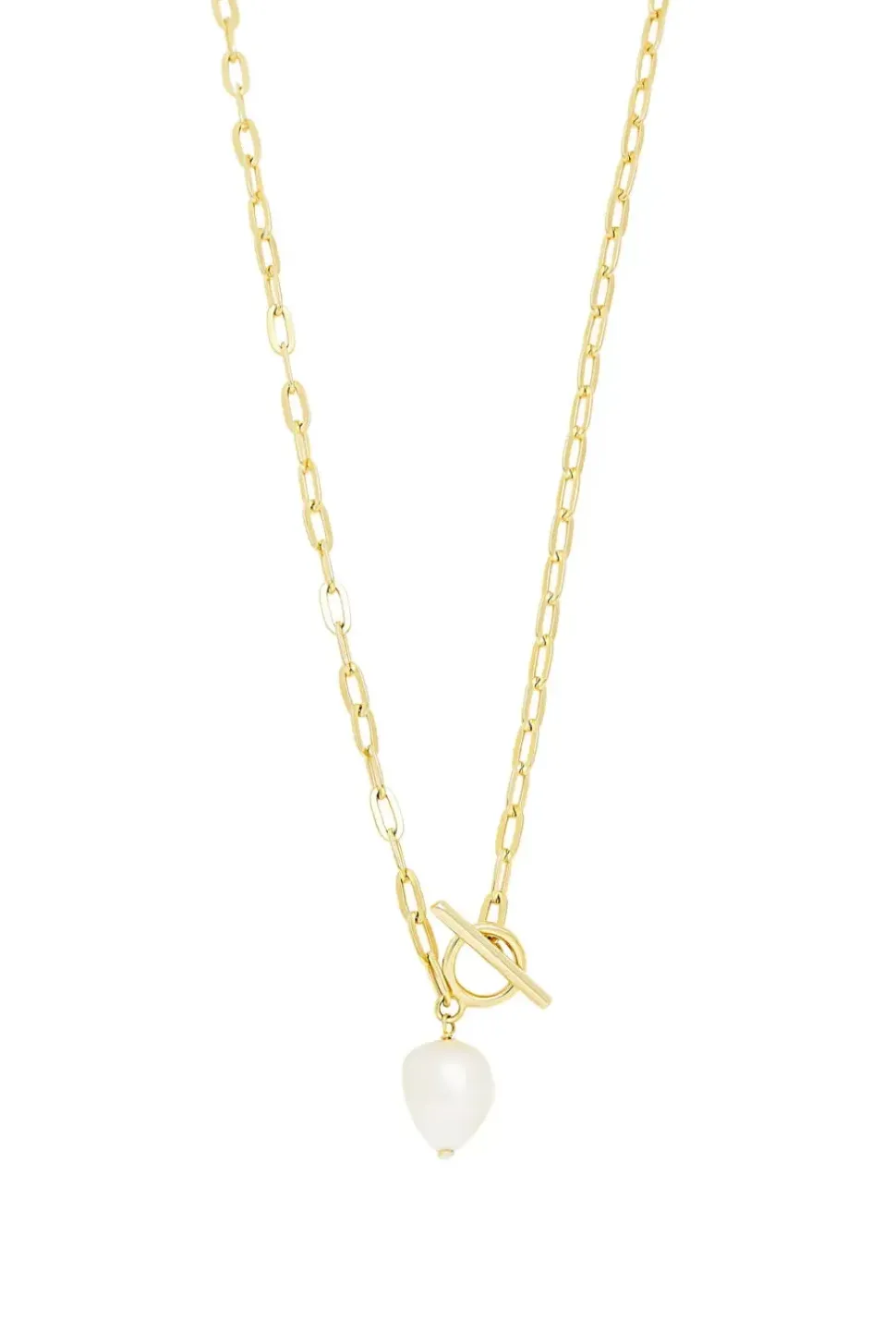 Simply Silver Gold Plated Sterling Silver 925 Baroque Pearl Chain T-Bar Necklace