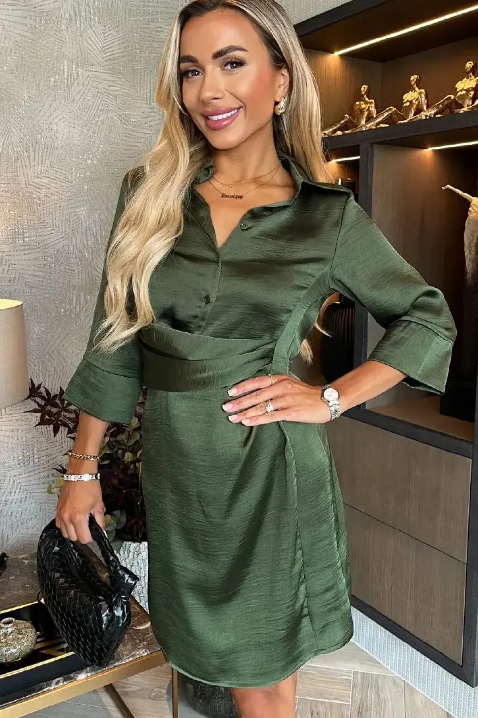 3/4 Sleeve Gathered Waist Midi Dress