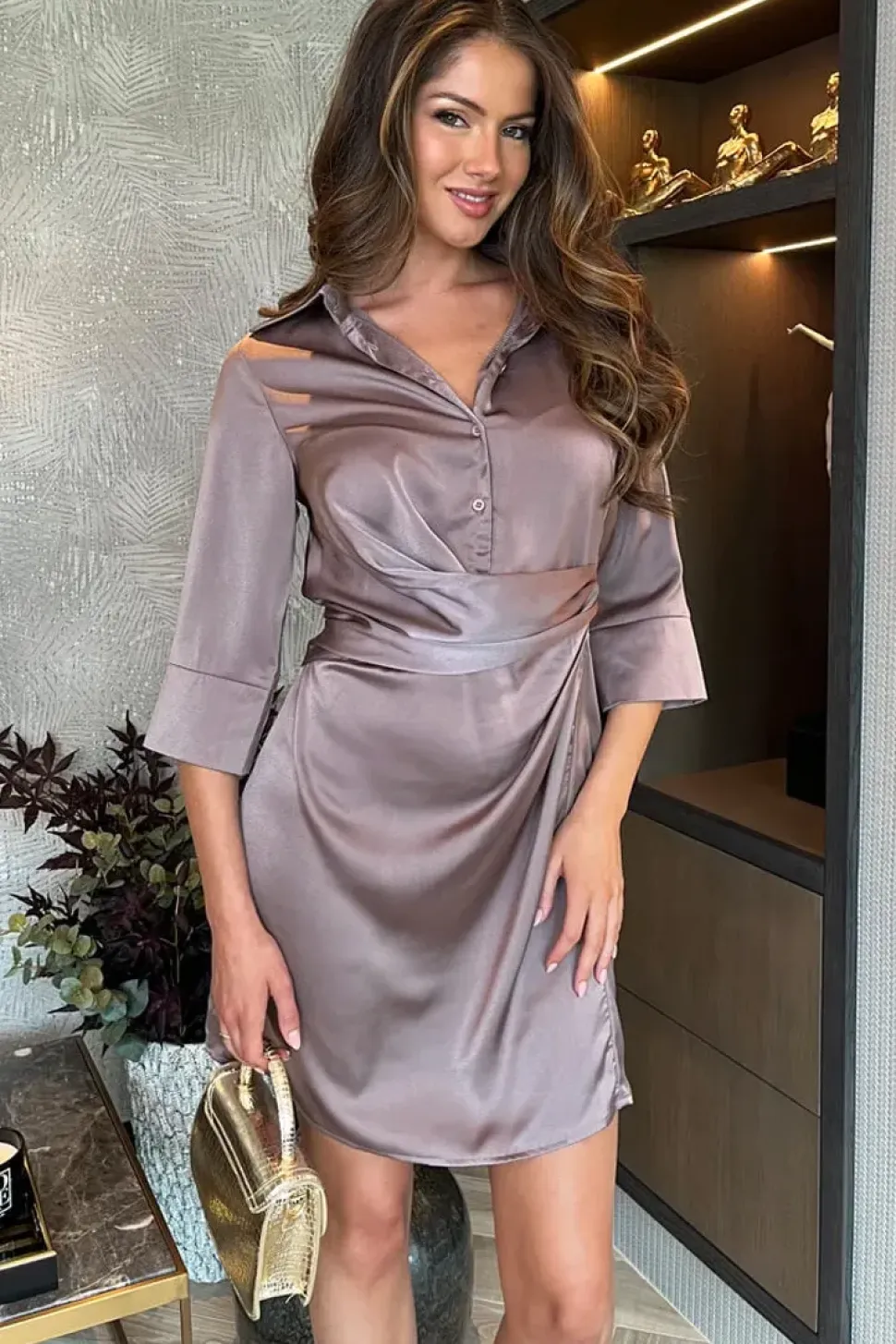 3/4 Sleeve Gathered Waist Midi Dress