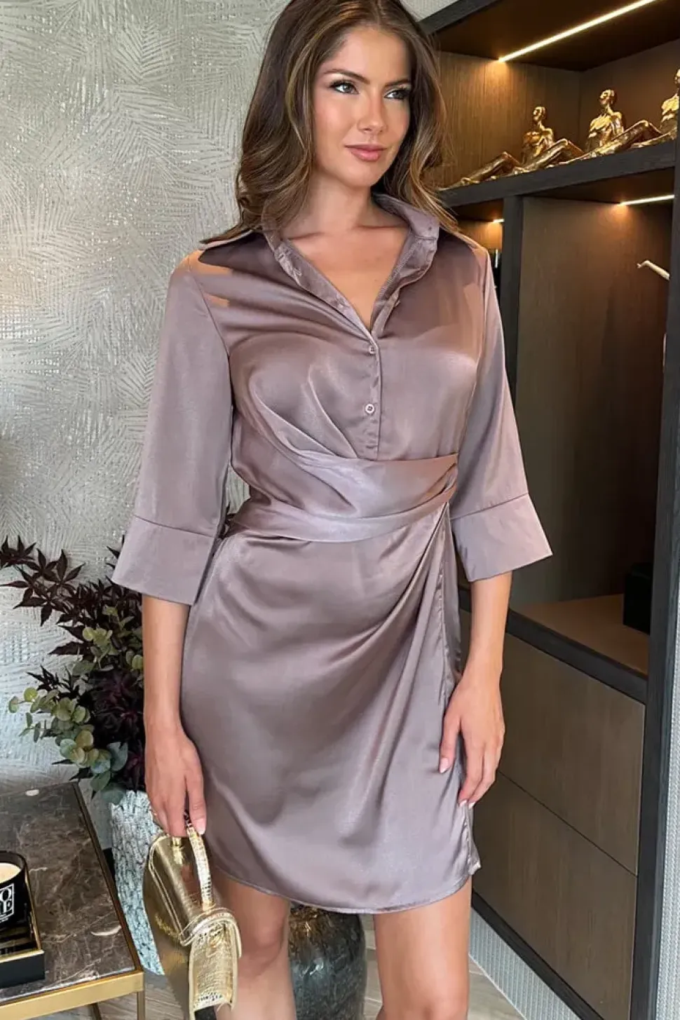 3/4 Sleeve Gathered Waist Midi Dress